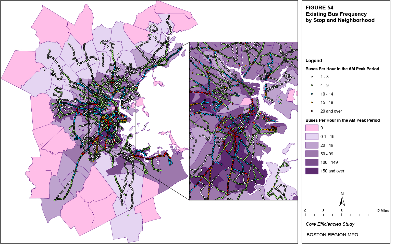 This map shows the existing AM peak bus frequency (vehicles per hour) by stop and neighborhood.